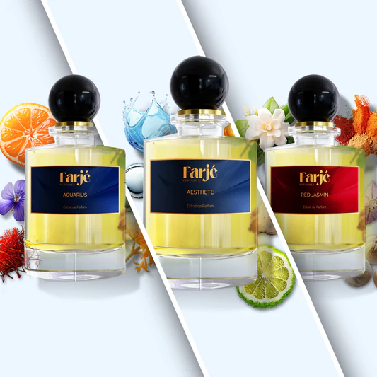 Luxury perfume bundles by Farje Perfumes with multiple fragrance bottles arranged elegantly